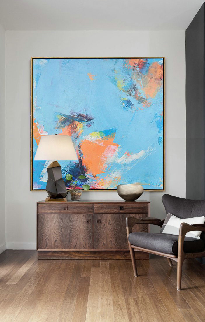 Large Abstract Art,Palette Knife Contemporary Art Canvas Painting,Oversized Wall Decor,Sky Blue,Orange,Yellow,White.etc